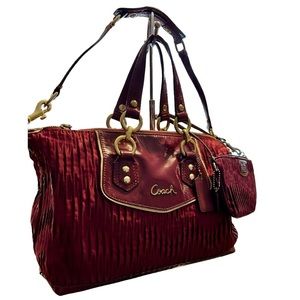 Bundle of Two! Coach Ashley Gathered Sateen Bag and Wristlet Set Burgundy/Maroon